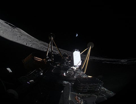 This image courtesy of Intuitive Machines LLC shows the company's Athena spacecraft on its side after landing on the Moon, on March 6, 2025.