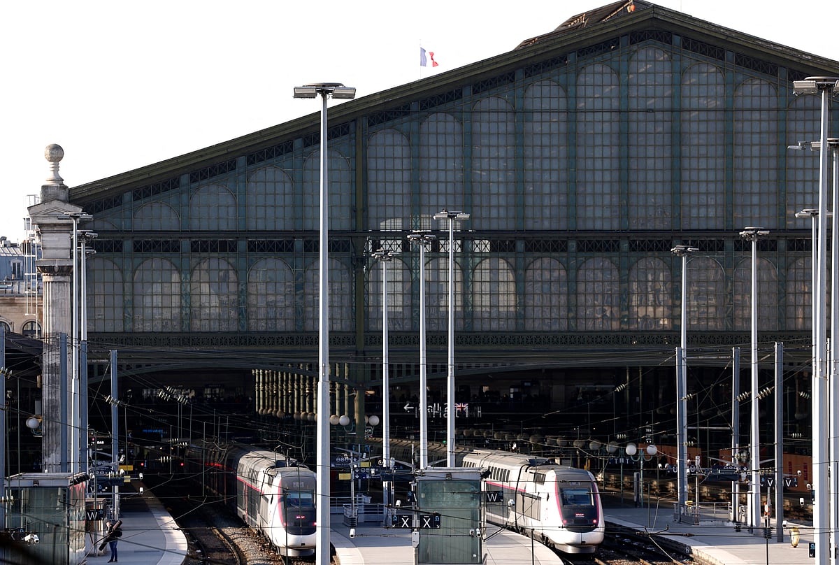France's intercity high-speed rail service TGV parked at platforms as traffic has been stopped at the Gare du Nord station in Paris on March 7, 2025, following the discovery of a World War II bomb.
