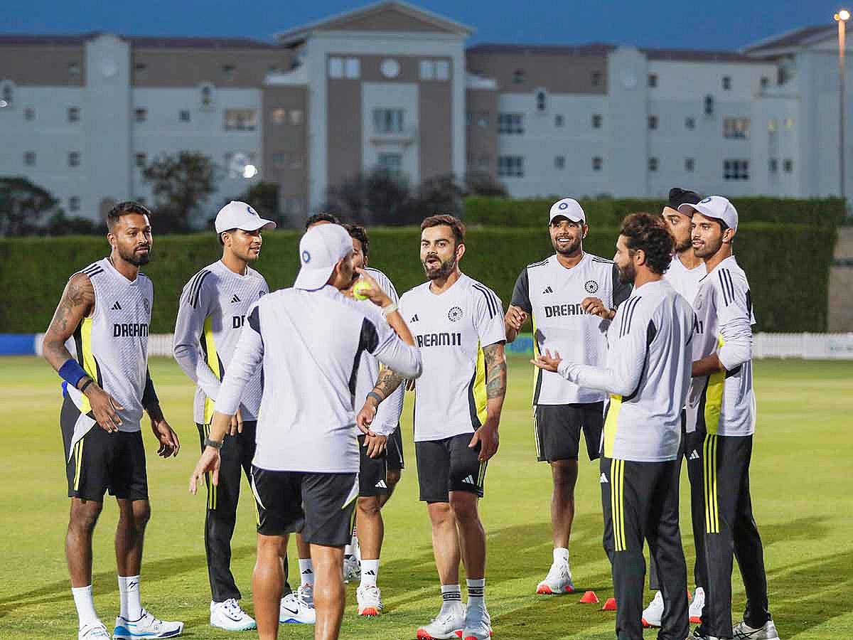 India's Virat Kohli, Shubman Gill, Hardik Pandya and other players during a practice session ahead of the ICC Champions Trophy 2025 final match against New Zealand, at Dubai International Cricket Stadium.