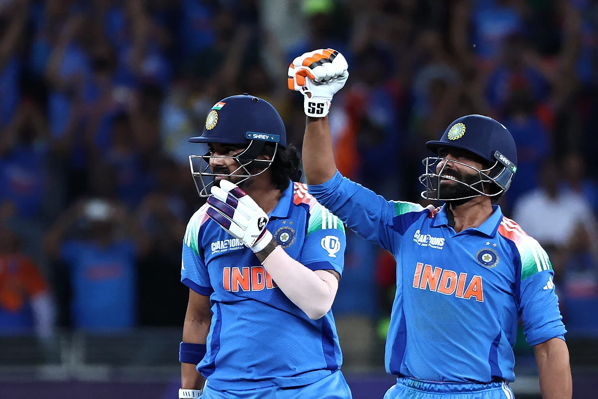 India's KL Rahul (left) and Ravindra Jadeja celebrate their victory at the end of the ICC Champions Trophy One-Day International (ODI) final cricket match at the Dubai International Stadium in Dubai on March 9.