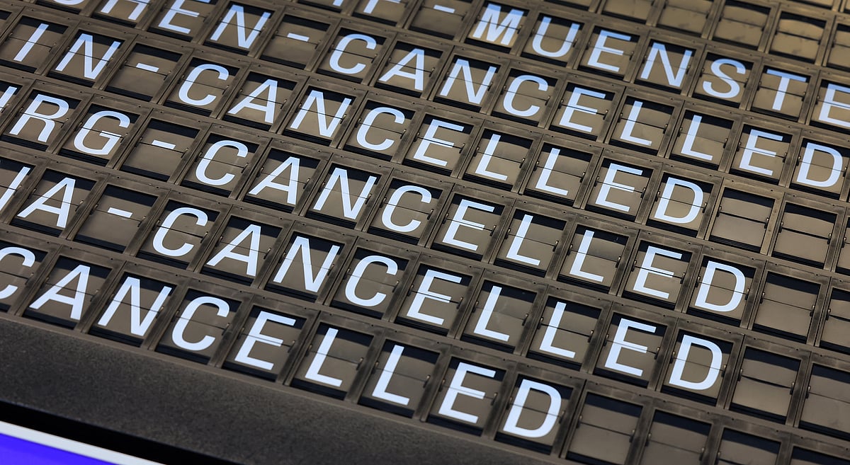 A display showing cancelled flight due to a strike of German union Verdi is pictured at the Frankfurt/Main airport in Frankfurt, western Germany on March 10, 2025.