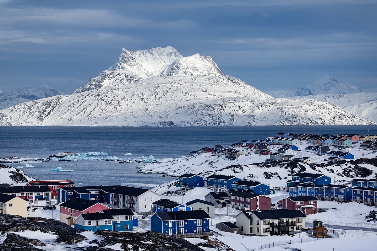 Sermitsiaq mountain (Saddle mountain), a 1210 meter tall landmark is seen behind Nuuk, Greenland, on March 10, 2025, on the eve of Greenland, the autonomous Danish territory legislative elections.