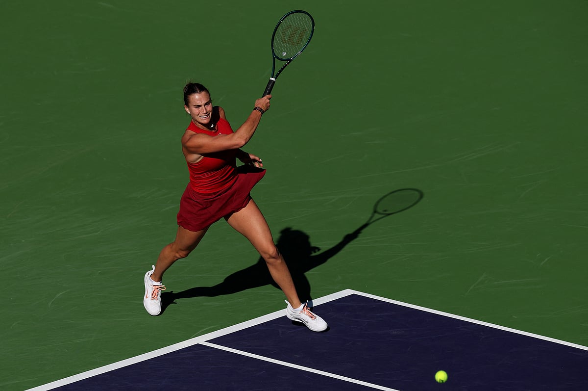 Aryna Sabalenka plays a forehand against Lucia Bronzetti of Italy in their third round match during the BNP Paribas Open at Indian Wells Tennis Garden on March 10.