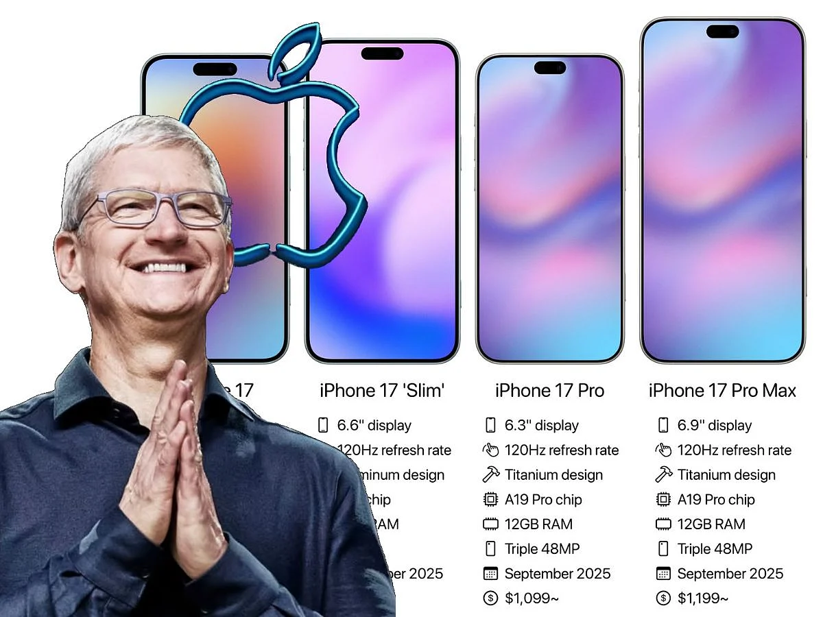 The rumoured iPhone 17 Pro Max, Pro, Slim/"Air" and the regular iPhone 17, with Apple CEO Tim Cook. Apple's leaked flagship smartphone is expected in the fall. Photo for illustrative purposes only.
