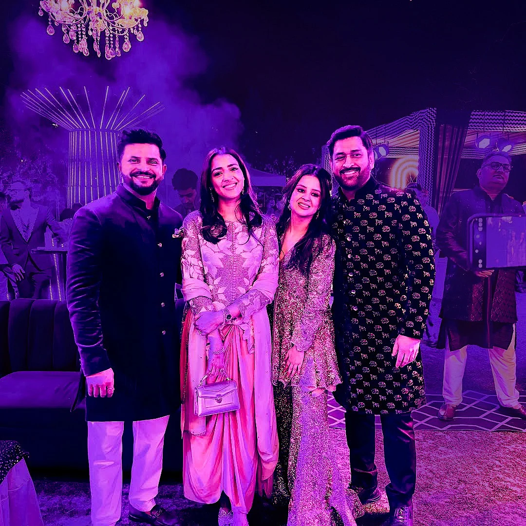 Mahendra Singh Dhoni with his wife Sakshi and Suresh Raina with Priyanka attend the wedding of Rishabh Pant's sister.