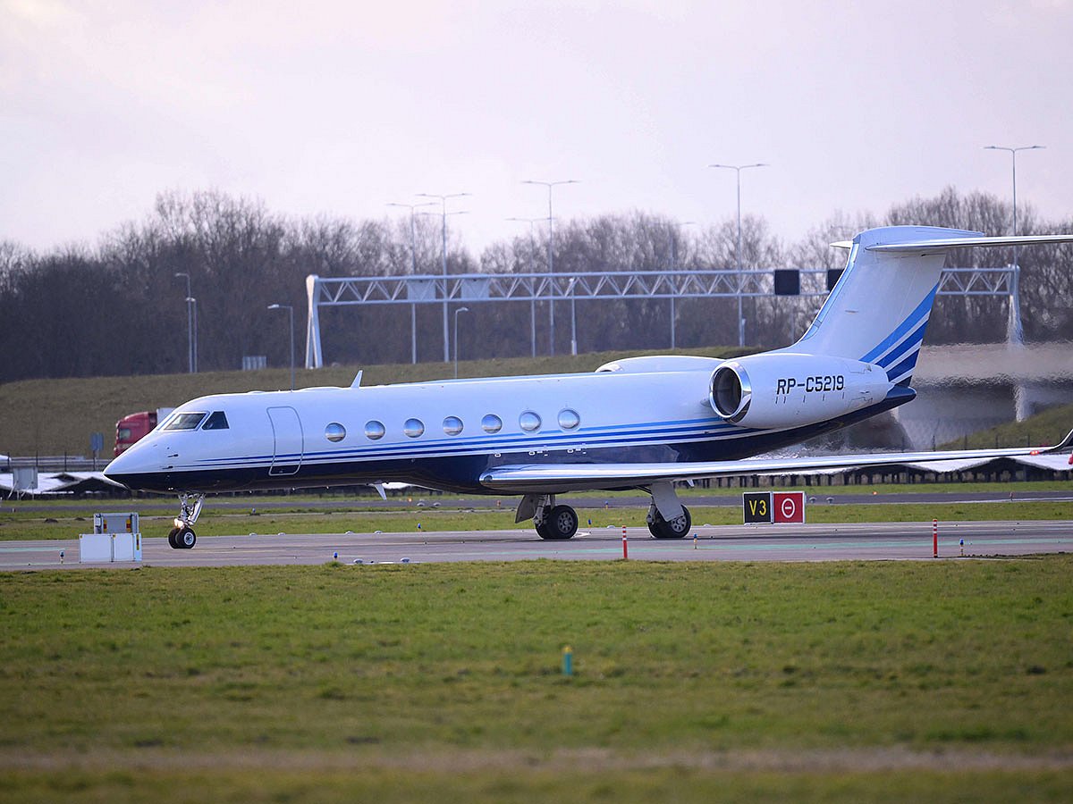 A Gulfstream G550 plane believed to contain former Philippine President Rodrigo Duterte is seen after landing at Rotterdam The Hague Airport.