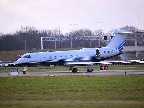 A Gulfstream G550 plane believed to contain former Philippine President Rodrigo Duterte is seen after landing at Rotterdam The Hague Airport.