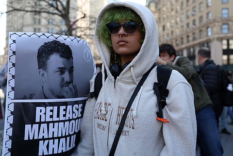 Pro-Palestinian protestors demonstrate in Lower Manhattan in New York City on March 10, 2025. 