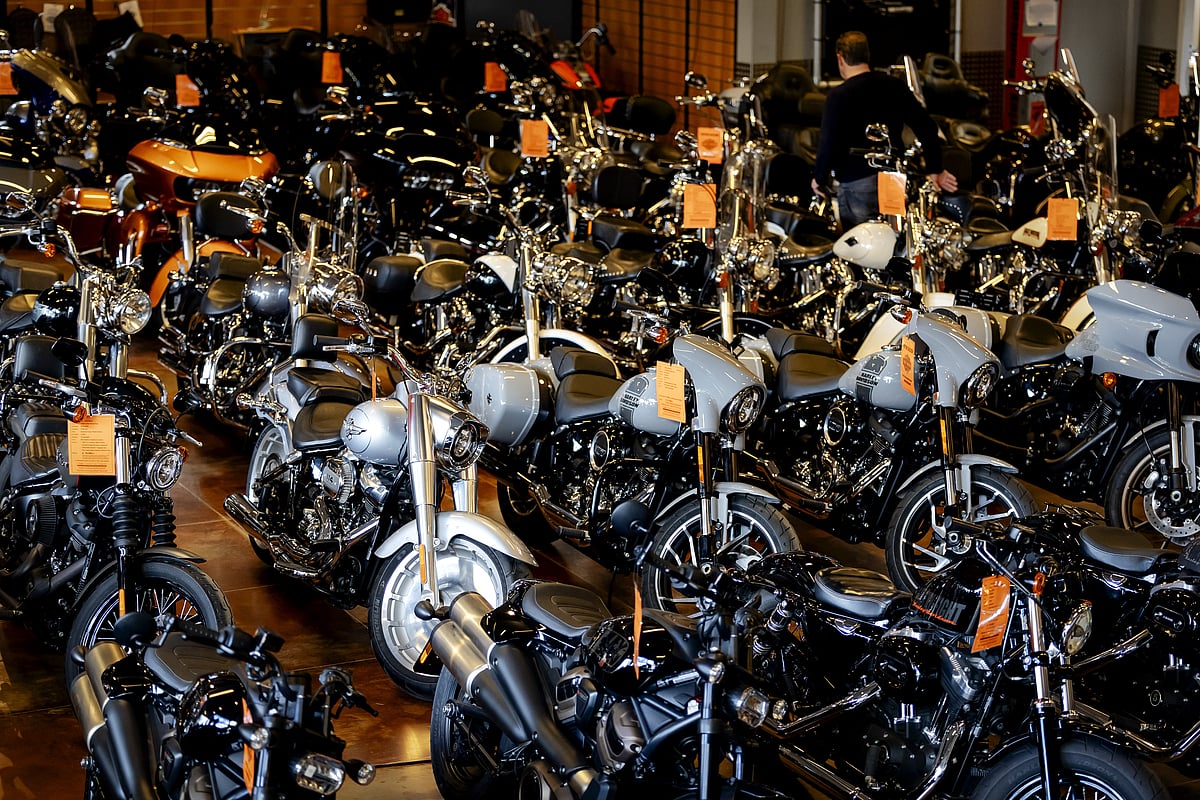 Motorcycles stand on display at a Harley Davidson motorcycle dealer in Amersfoort on March 13, 2025, as The European Union has announced tariffs on US goods in response to US tariffs on steel and aluminium.