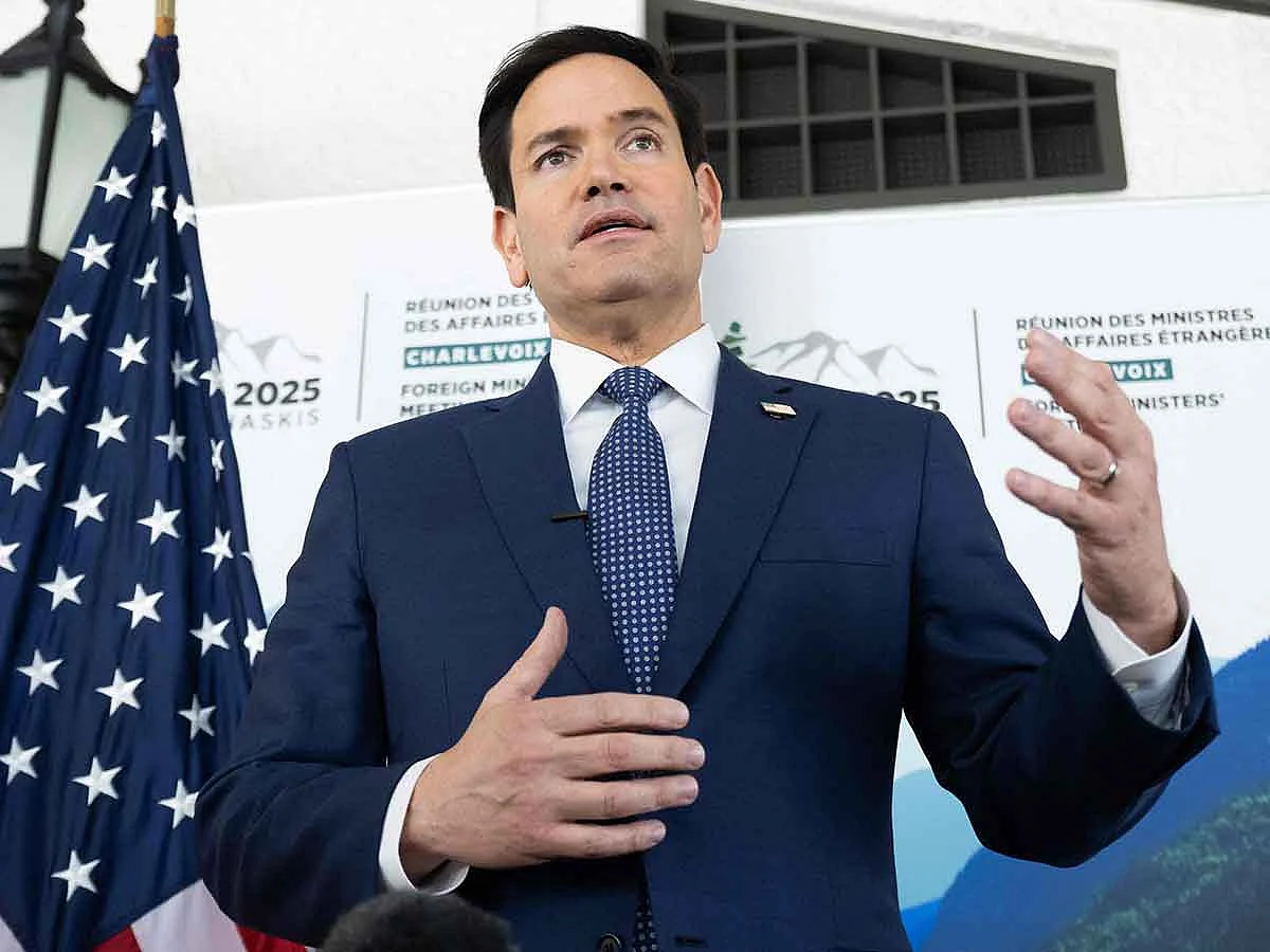 US Secretary of State Marco Rubio speaks with reporters following the G7 foreign ministers meeting in La Malbaie, Quebec, on March 14, 2025. 
