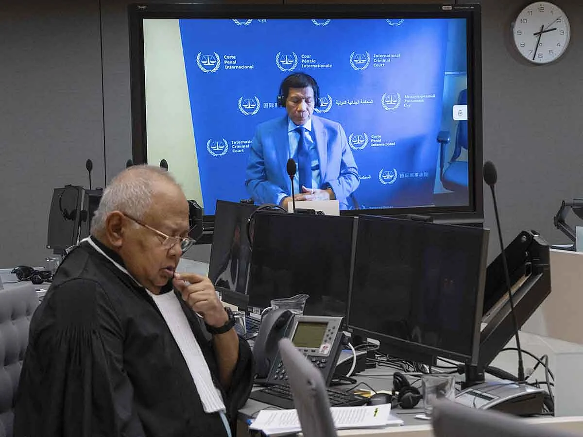 Former Philippine president Rodrigo Duterte appears in a video-conference as he skipped an in-person attendance during the initial hearing at the International Criminal Court (ICC) on Friday.