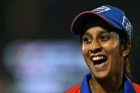 Delhi Capitals' Jemimah Rodrigues reacts during the Women's Premier League (WPL) Twenty20 final cricket match between Mumbai Indians and Delhi Capitals at Brabourne Stadium in Mumbai on March 15, 2025.