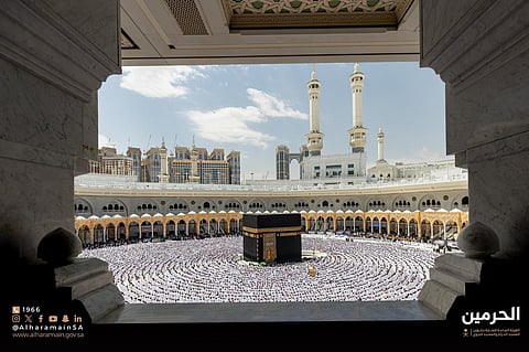 The faithful congregating the courtyard around the Holy Kaaba in the Grand Mosque on the second Friday of Ramadan.