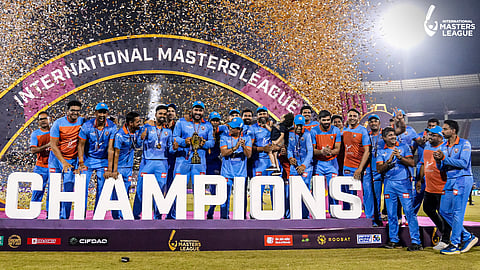 India Masters team, led by Sachin Tendulkar, celebrate after winning the inaugural International Masters League in Raipur on Sunday.