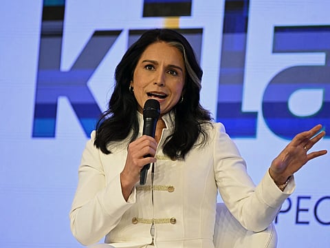 US Director of National Intelligence Tulsi Gabbard speaks during the Raisina Dialogue, a multilateral conference in New Delhi on March 18, 2025.