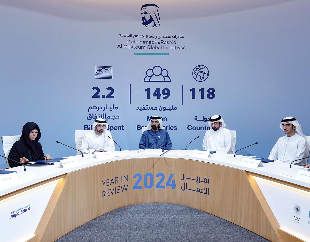 His Highness Sheikh Mohammed bin Rashid Al Maktoum, Vice President and Prime Minister of the UAE and Ruler of Dubai, chairs a meeting of the Board of Trustees of the Mohammed Bin Rashid Al Maktoum Global Initiatives (MBRGI) Year In Review report for 2024.