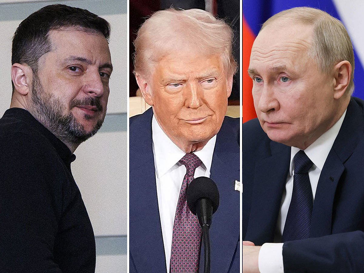 (From left): Ukraine's Volodymyr Zelensky, US President Donald Trump and Russia's Vladimir Putin