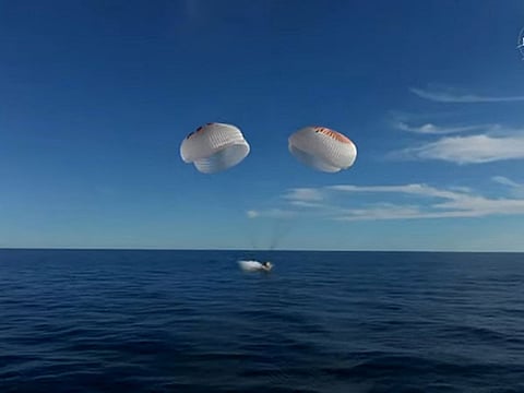 The Dragon capsule with the SpaceX Crew-9 astronauts during splashdown on March 18, 2025, off the coast of Florida. The SpaceX craft is returning stranded astronauts Butch Wilmore and Suni Williams..