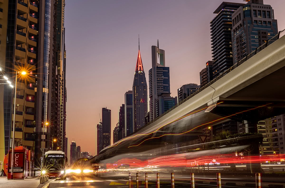 This slow shutter photograph shows vehicles driving on the Sheikh Zayed Road in Dubai.