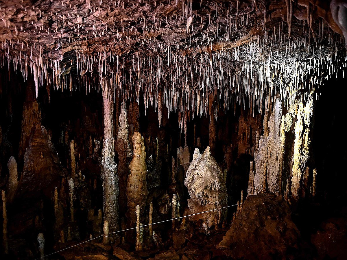 Mineral formations such as stalactites and stalagmites inside the Cussac cave. 