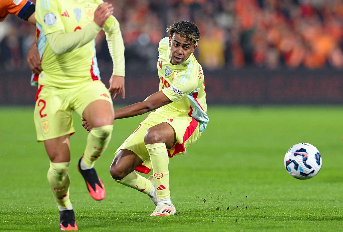 Spain's forwardLamine Yamal eyes the ball during the UEFA Nations League quarter-final first leg match against Netherlands at De Kuip stadium in Rotterdam, on March 20.