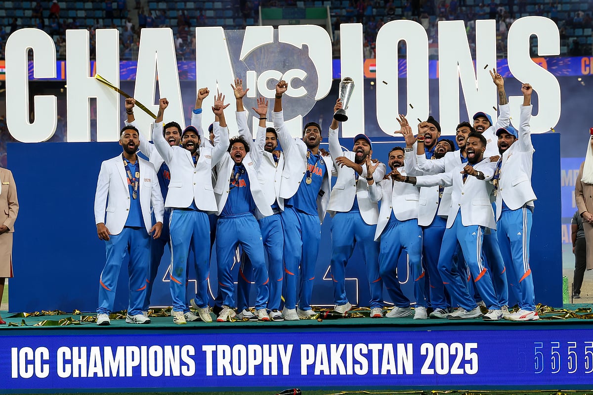 Indian team celebrate after winning the Champions Trophy 2025 with a four-wicket win over New Zealand in the final at Dubai International Stadium on May 9. 