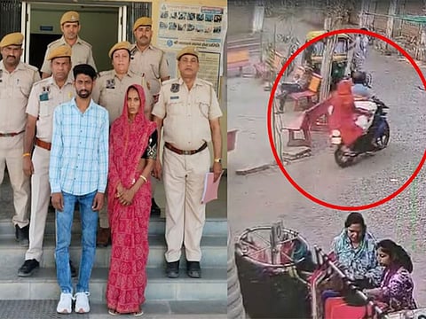 The assailants carrying the body on a bike.