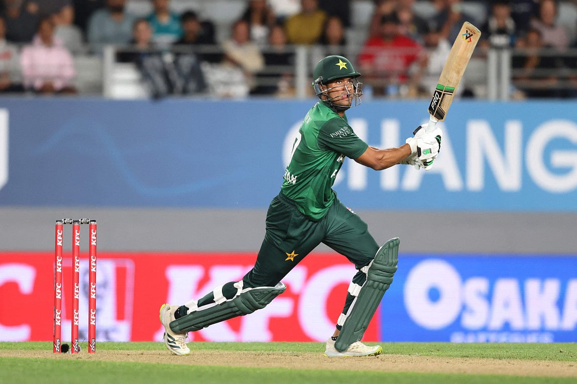 Pakistan's Hasan Nawaz hits a six during his stunning maiden unbeaten century against New Zealand at Eden Park in Auckland on Friday.