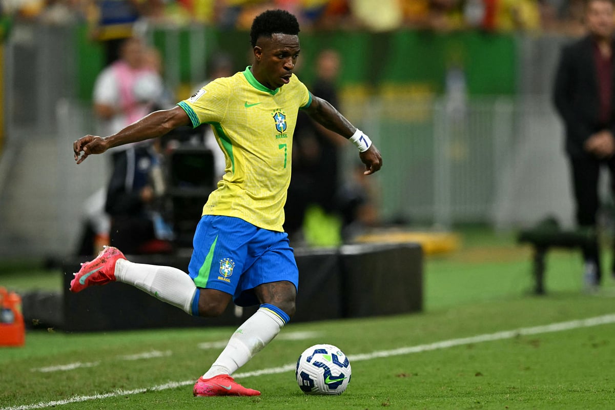 Brazil's forward Vinicius Jr controls the ball during the 2026 Fifa World Cup South American qualifiers against Colombia in Brasilia on Thursday.