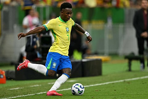 Brazil's forward Vinicius Jr controls the ball during the 2026 Fifa World Cup South American qualifiers against Colombia in Brasilia on Thursday.