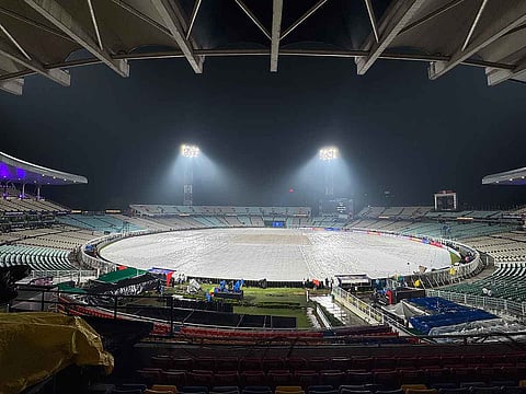 Covers seen at Eden Gardens Stadium due to rain on the eve of the Indian Premier League 2025 opener match between Kolkata Knight Riders and Royal Challengers Bengaluru, in Kolkata on Friday. 