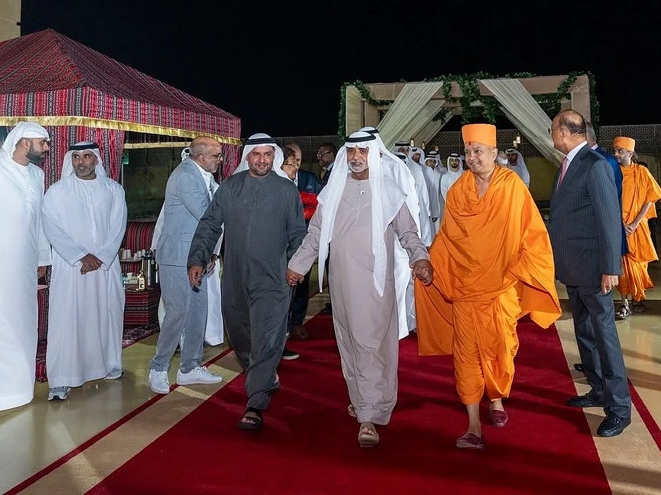 Sheikh Nahyan bin Mubarak Al Nahyan, Minister of Tolerance and Coexistence, attends an interfaith cultural evening at the BAPS Hindu Mandir in Abu Dhabi.