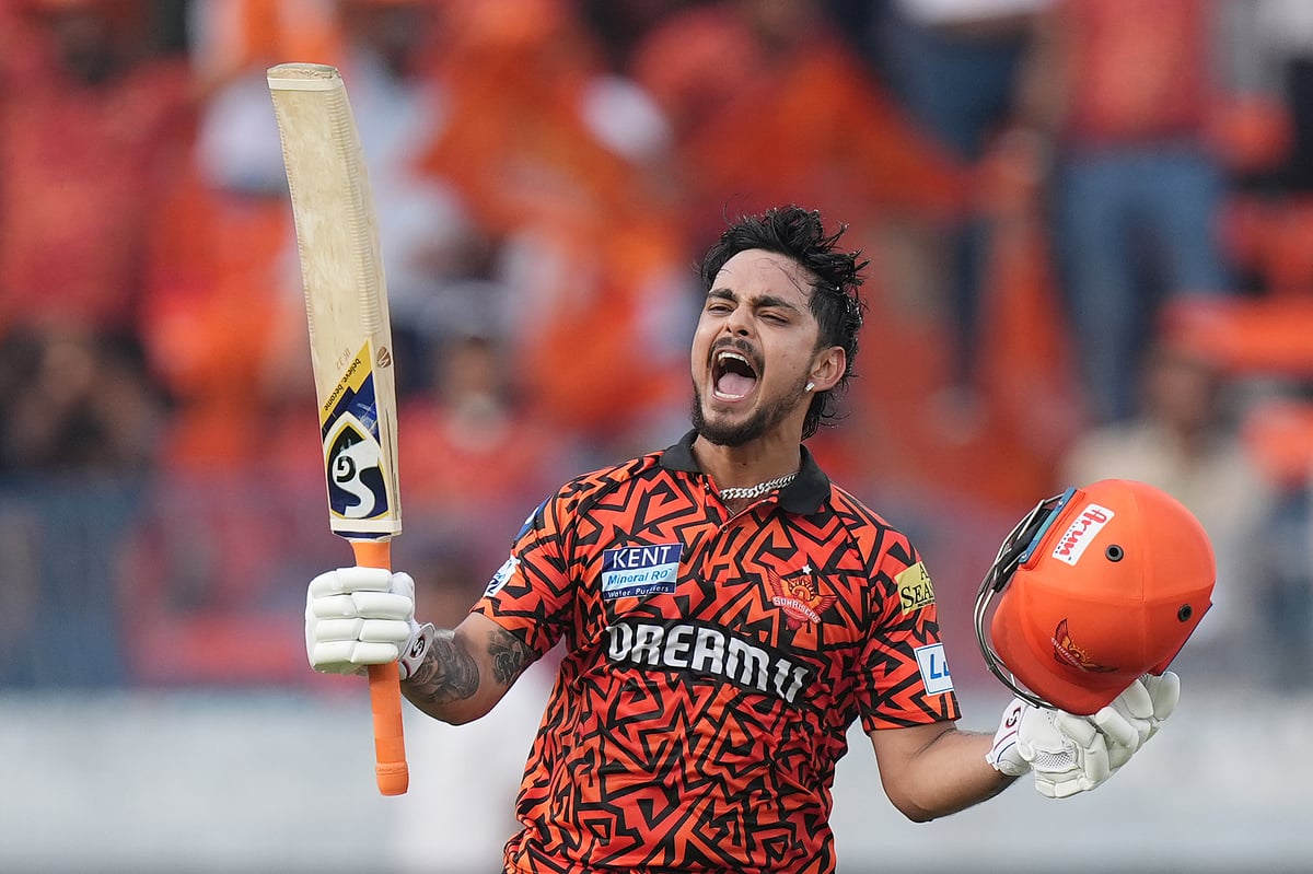 Ishan Kishan celebrates after scoring  his maiden century for Sunrisers Hyderabad in his first game for the Orange franchise.