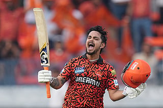 Ishan Kishan celebrates after scoring  his maiden century for Sunrisers Hyderabad in his first game for the Orange franchise.