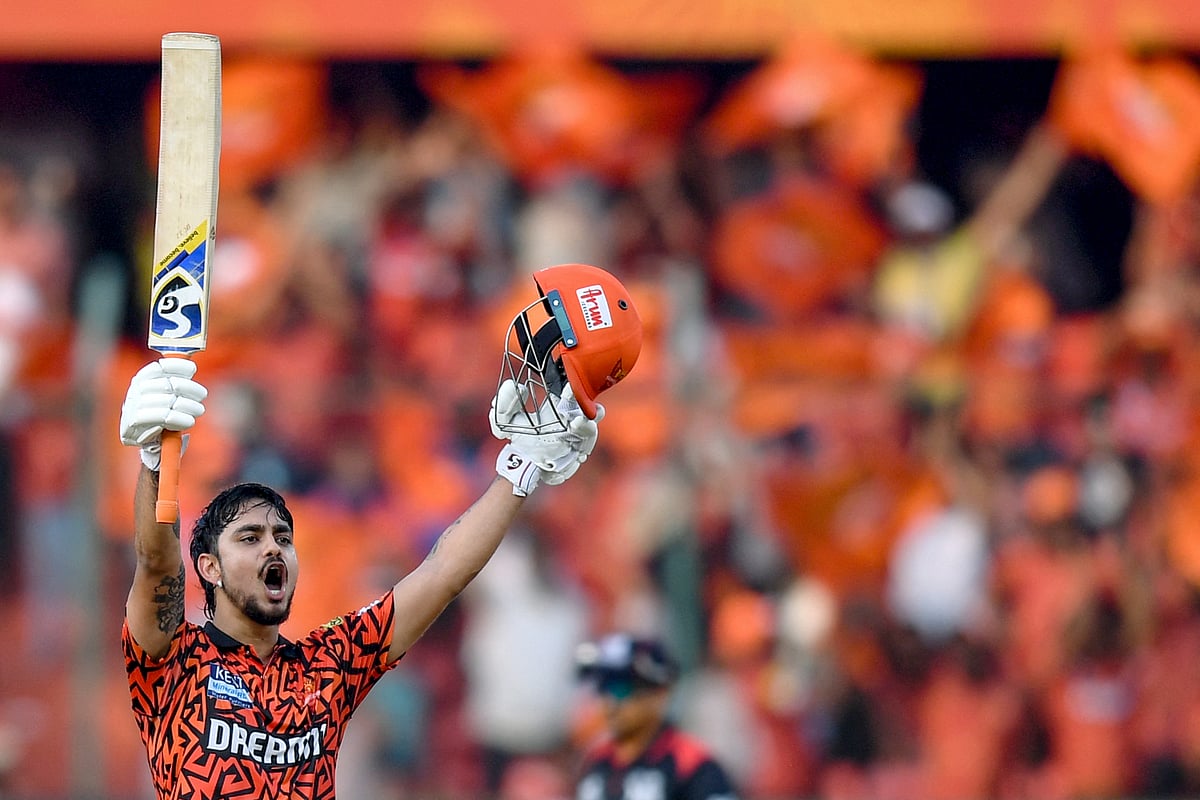 Sunrisers Hyderabad's Ishan Kishan celebrates his century during the Indian Premier League (IPL) Twenty20 cricket match against Rajasthan Royals at the Rajiv Gandhi International Stadium in Hyderabad on March 23.
