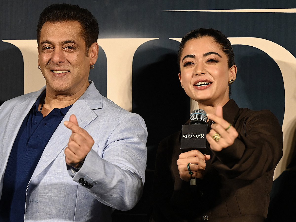 Bollywood actor Salman Khan with Rashmika Mandanna (R) attends trailer launch of their upcoming film ‘Sikandar’ in Mumbai on March 23, 2025.