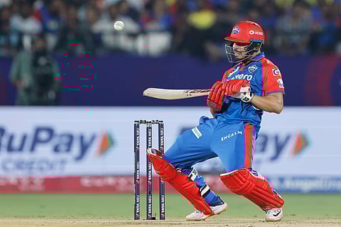 Ashutosh Sharma of Delhi Capitals plays a shot during match 4 against Lucknow Super Giants at Visakhapatnam.