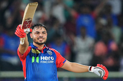 Delhi Capitals' Ashutosh Sharma celebrates his team's win against Lucknow Super Giants at the end of their Indian Premier League (IPL) Twenty20 cricket match in the Y.S. Rajasekhara Reddy cricket stadium of Visakhapatnam on March 24.
