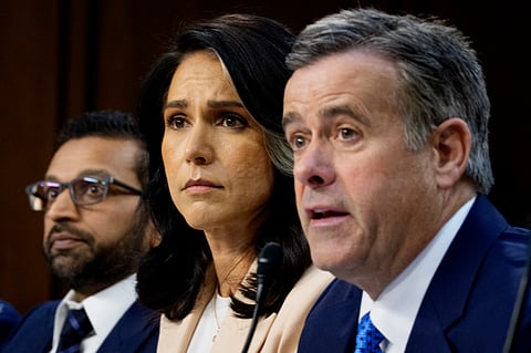 Central Intelligence Agency Director John Ratcliffe (R), accompanied by FBI Director Kash Patel (L), and Director of National Intelligence Tulsi Gabbard (C), speaks during a Senate Committee on Intelligence Hearing on March 25, 2025 in Washington, DC. The hearing to examine worldwide threats comes a day after Jeffrey Goldberg, the editor-in-chief for The Atlantic magazine was inadvertently included on a high level Trump administration Signal group chat on bombing plans in Yemen on Houthi targets.