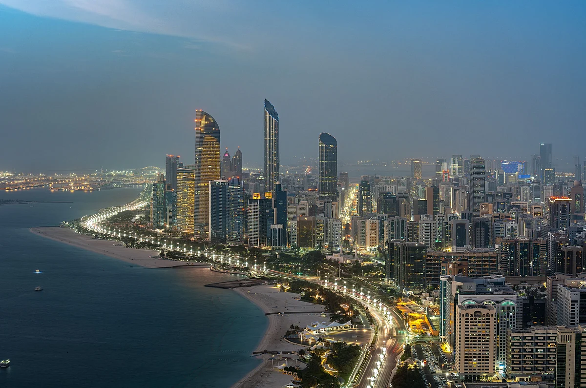 An aeriel view of Abu Dhabi skyline along the corniche.