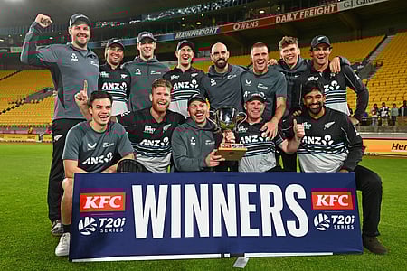 New Zealand's players celebrate their match and series win after the Twenty20 cricket match against Pakistan at Sky Stadium in Wellington on March 26.