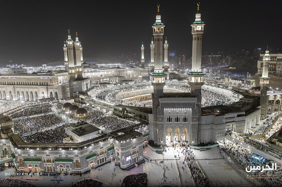 An aerial view of the Grand Mosque on a recent night of the current month of Ramadan. 