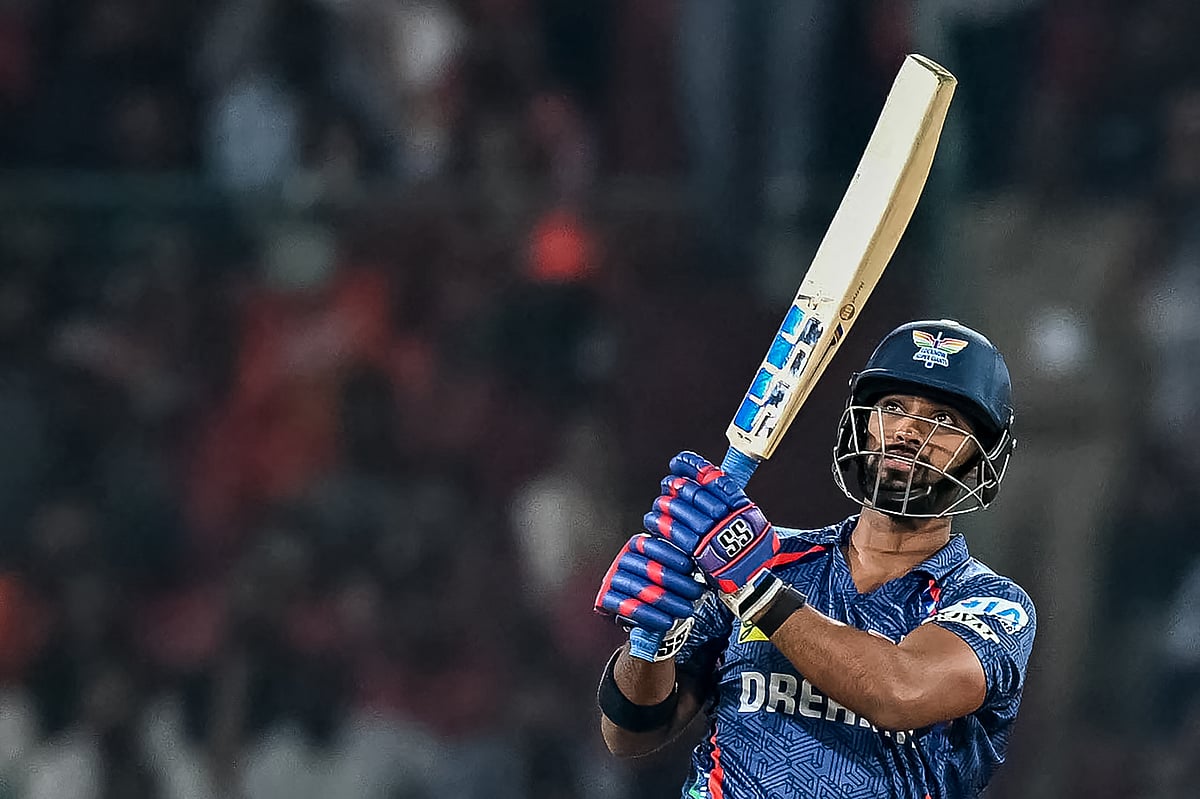 Lucknow Super Giants' Nicholas Pooran watches the ball sail over the fence during his 70 against Sunrisers Hyderabad in the Indian Premier League on Thursday.