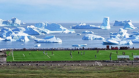 A football field in Greenland. Over the weekend, US President Donald Trump remarked aboard Air Force One that the US "needs Greenland from the standpoint of national security" and criticised Denmark's ability to protect it. 