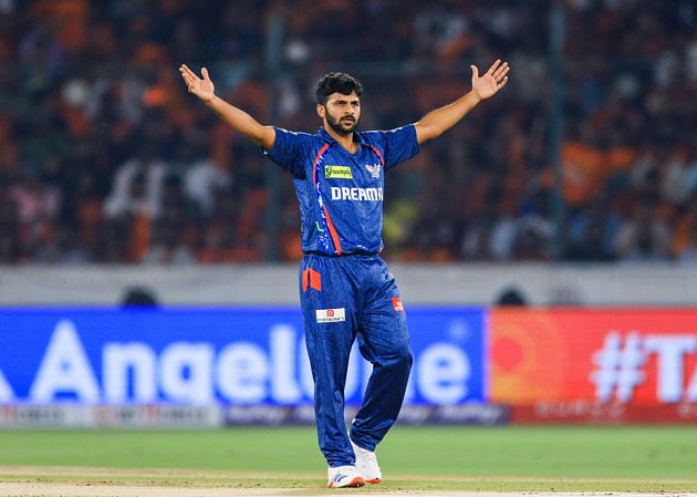 Lucknow Super Giants' pacer Shardul Thakur celebrates a wicket against Sunrisers Hyderabad in the Indian Premier League Season 18 on Thrusday.