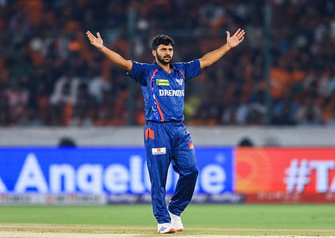 Lucknow Super Giants' pacer Shardul Thakur celebrates a wicket against Sunrisers Hyderabad in the Indian Premier League Season 18 on Thrusday.