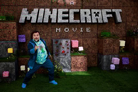 US actor Jack Black poses on the red carpet upon arrival for the World Premiere of "The Minecraft Movie" at Cineworld Leicester square, central London.