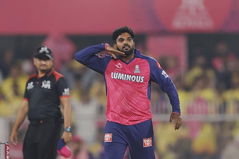 Sri Lankan spinner Wanindu Hasaranga celebrates a dismissal with hand gesture from famous Telugu film Pushpa during the Indian Premier League clash against Chennai Super Kings on Sunday.