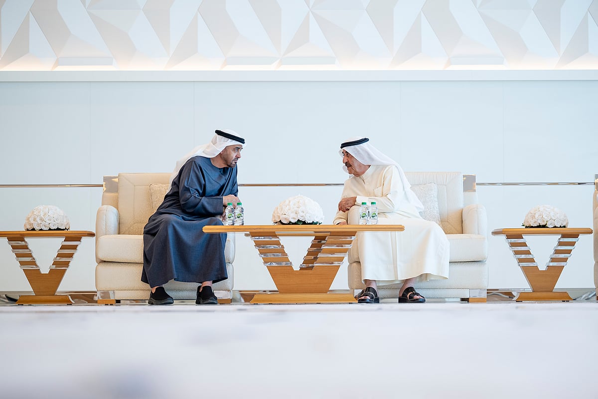 President His Highness Sheikh Mohamed bin Zayed Al Nahyan offers condolences to His Highness Sheikh Saud bin Rashid Al Mualla, Supreme Council Member and Ruler of Umm Al Quwain, on the passing of his late mother Sheikha Hessa bint Humaid bin Abdulrahman Al Shamsi.