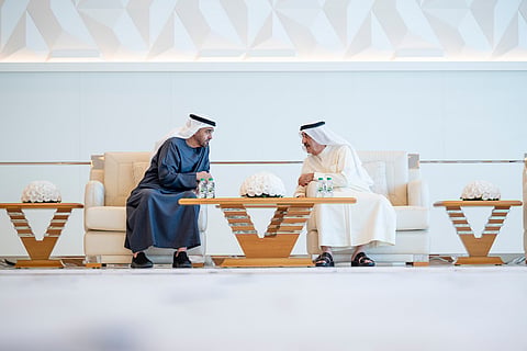 President His Highness Sheikh Mohamed bin Zayed Al Nahyan offers condolences to His Highness Sheikh Saud bin Rashid Al Mualla, Supreme Council Member and Ruler of Umm Al Quwain, on the passing of his late mother Sheikha Hessa bint Humaid bin Abdulrahman Al Shamsi.
